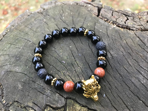 Christmas gift for him, black beaded bracelet with gold Wolf charm for men, lava diffuser bracelet anniversary present for boyfriend brother