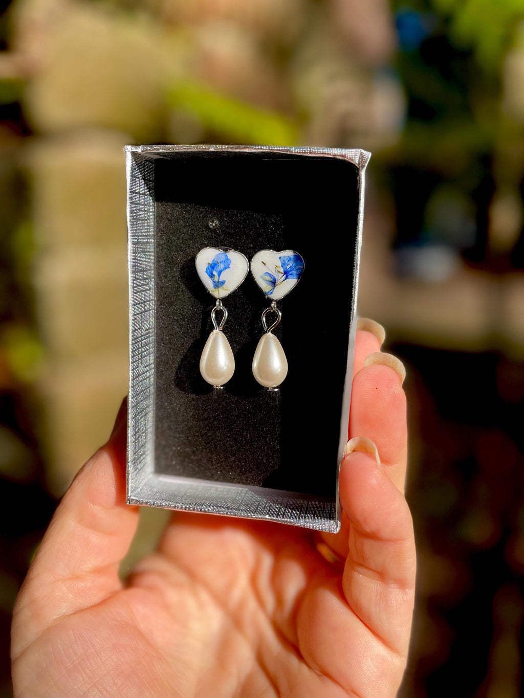 Heart Pearl Drop Earrings: Royal Blue Flower, Silver Porcelain Style Studs