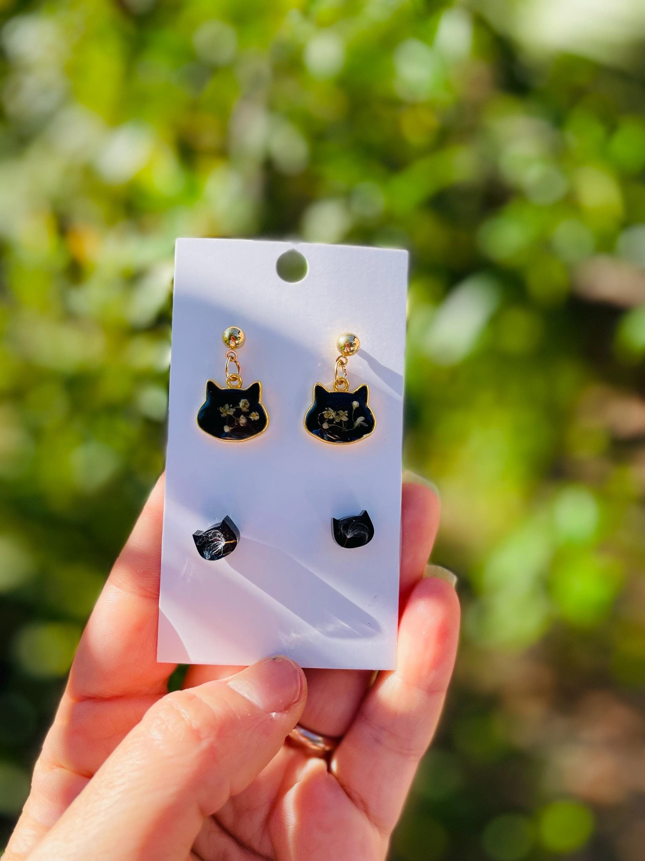 Black Cat Earrings Set: Dandelion Seed, Gothic Animal Jewelry