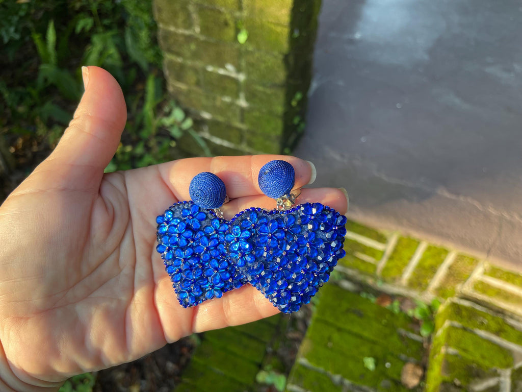Valentine Earrings. Heart earrings Women's Drop clip-on Earrings handmade beaded earrings Floral drop sequins earrings blue heart earrings