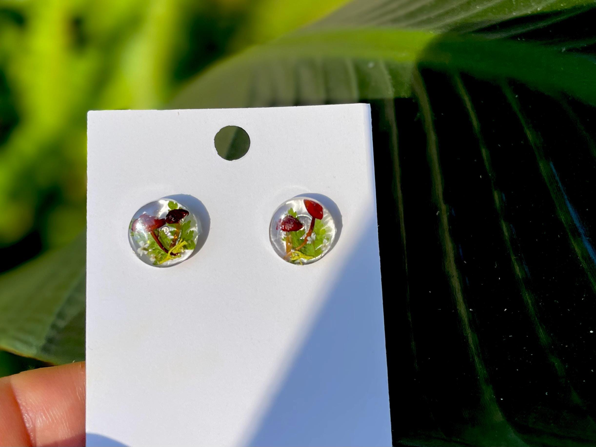 Men's Unique Stud Earrings: Hypoallergenic Real Mushroom Fern with Birthstone, Nature-Inspired Valentines gift