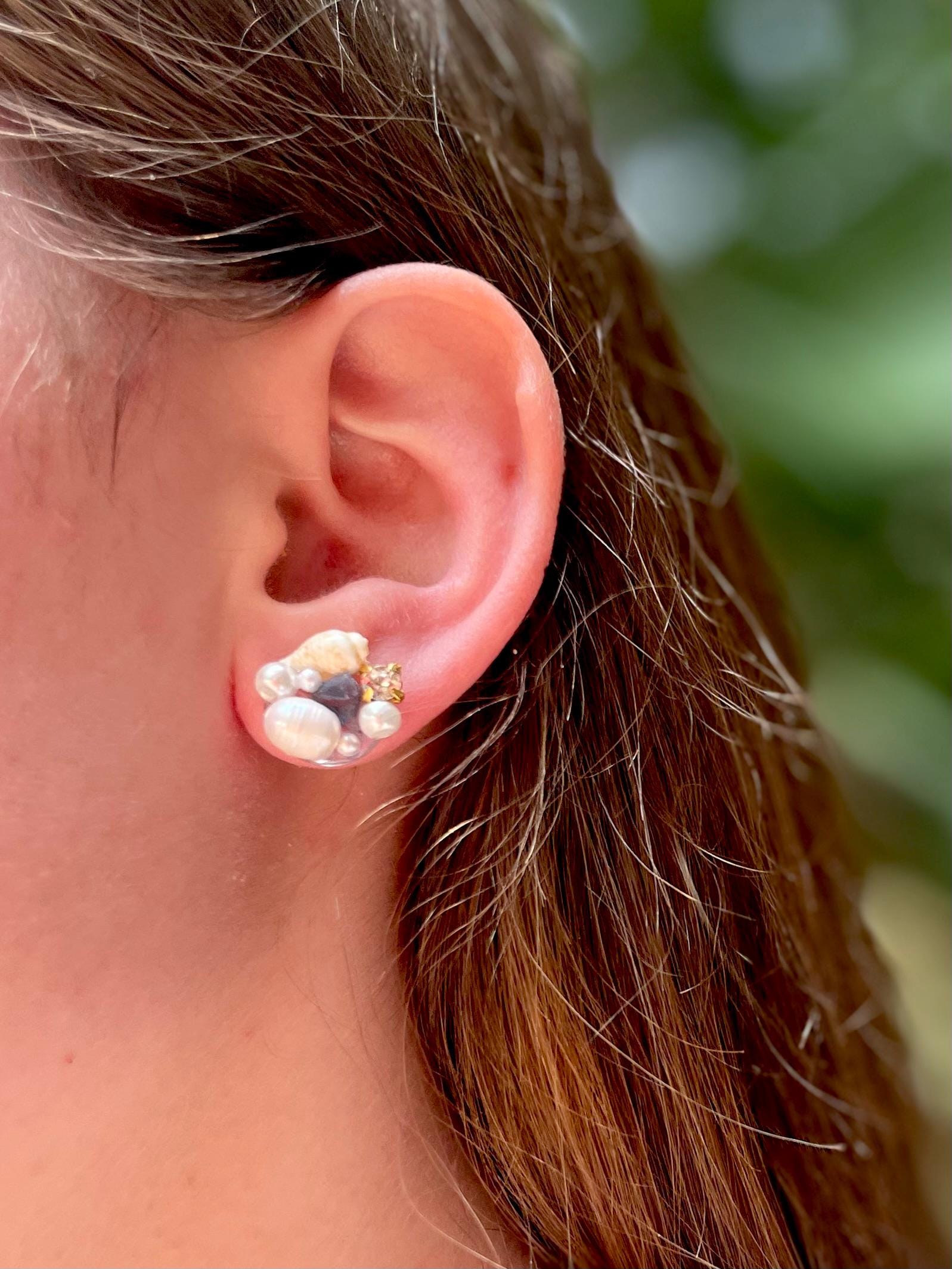 Real Shell Pearl Stud Earrings: Ocean Resin Sea Glass, Beach Bridal Jewelry