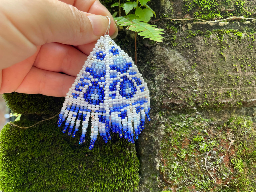 Chinoiserie Seed Bead Earrings: White & Blue Toile, Sterling Silver