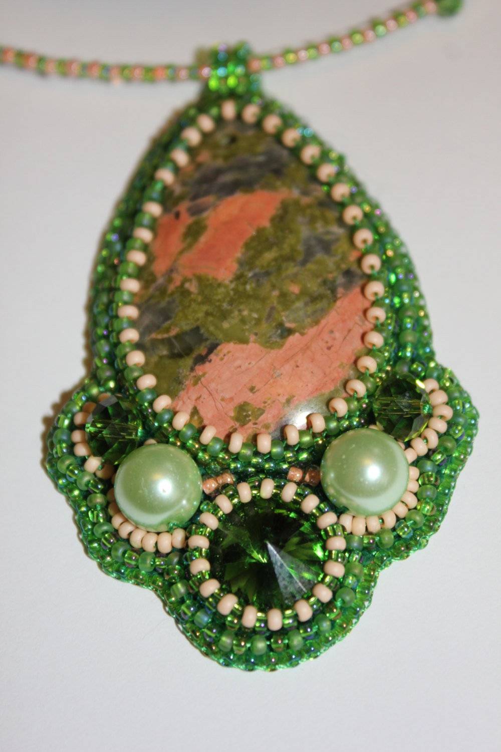Unakite pendant crystal necklace unique, fertility crystal gift wife, beaded embroidered gemstone chakra jewelry for her, Mothers day gifts