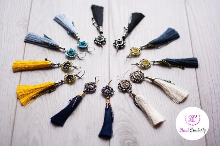 Handmade Emerald Green Swarovski Crystal Silk Tassel Earrings for Women 3-6 inch Long Custom Tassel Color