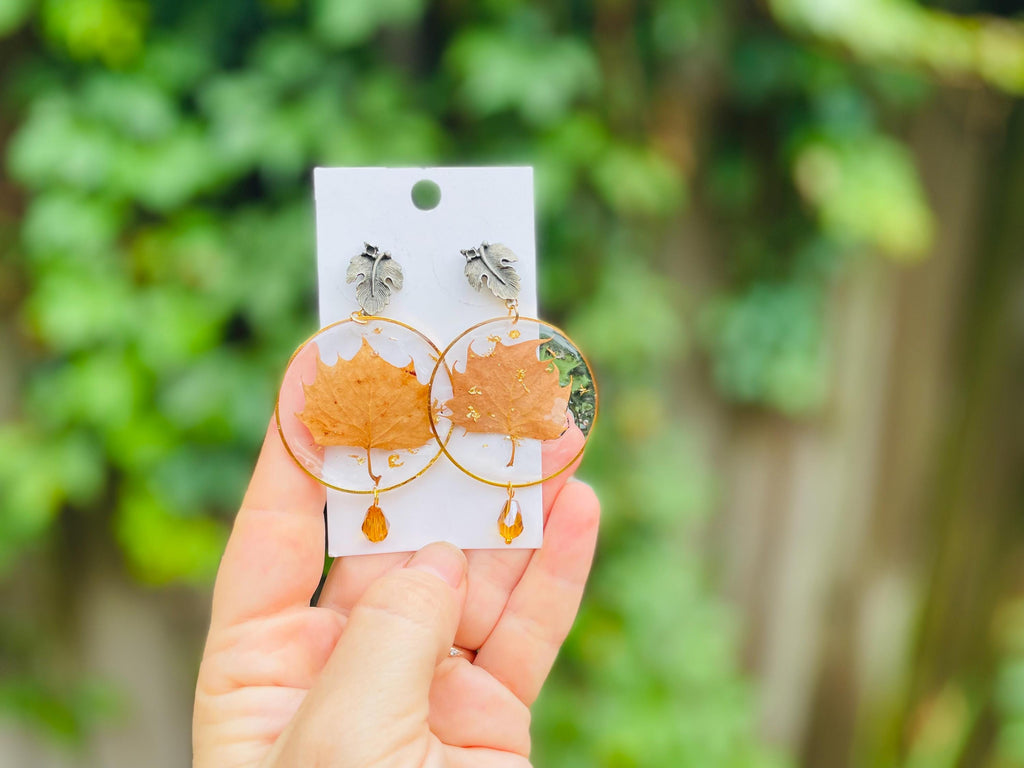 Autumn Leaf Resin Earrings: 14K Gold Filled or Sterling Silver, Handmade Chandeliers Citrine