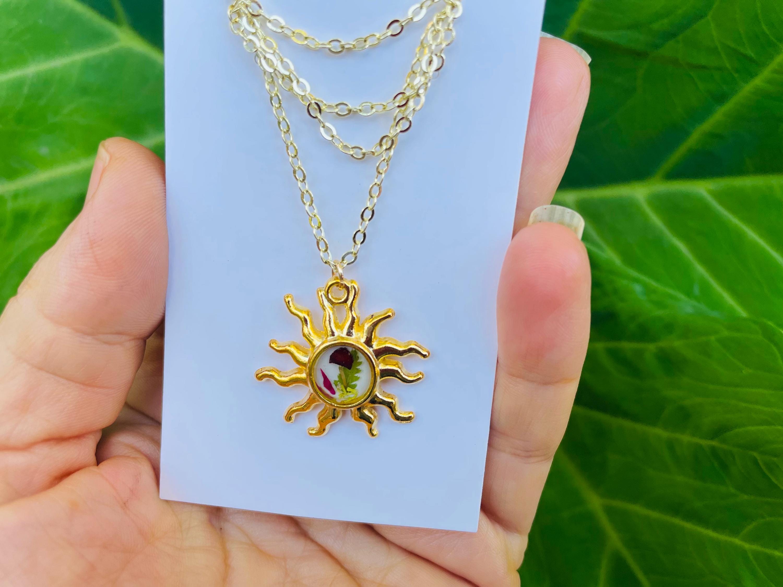 Gold Sun Necklace: Dainty Real Mushroom and Fern Pendant, Sunburst Celestial Jewelry Birthstone