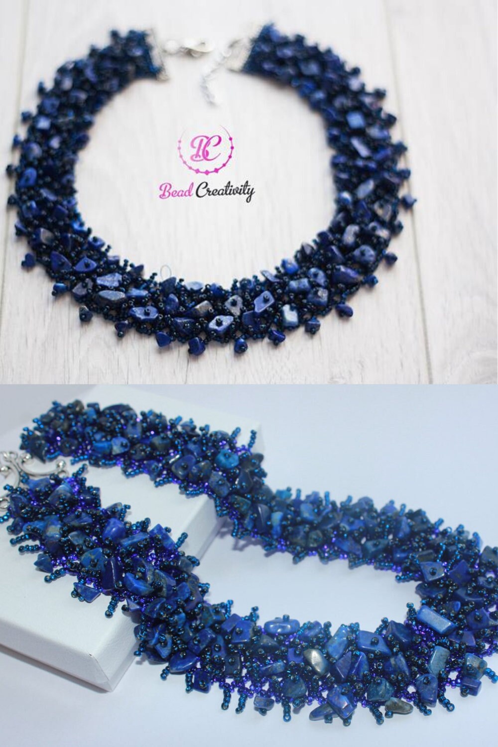 Raw birthstone Lapis Lazuli crystal necklace collar unique holiday gift for her handmade beaded jewelry set for mom wife September birthday