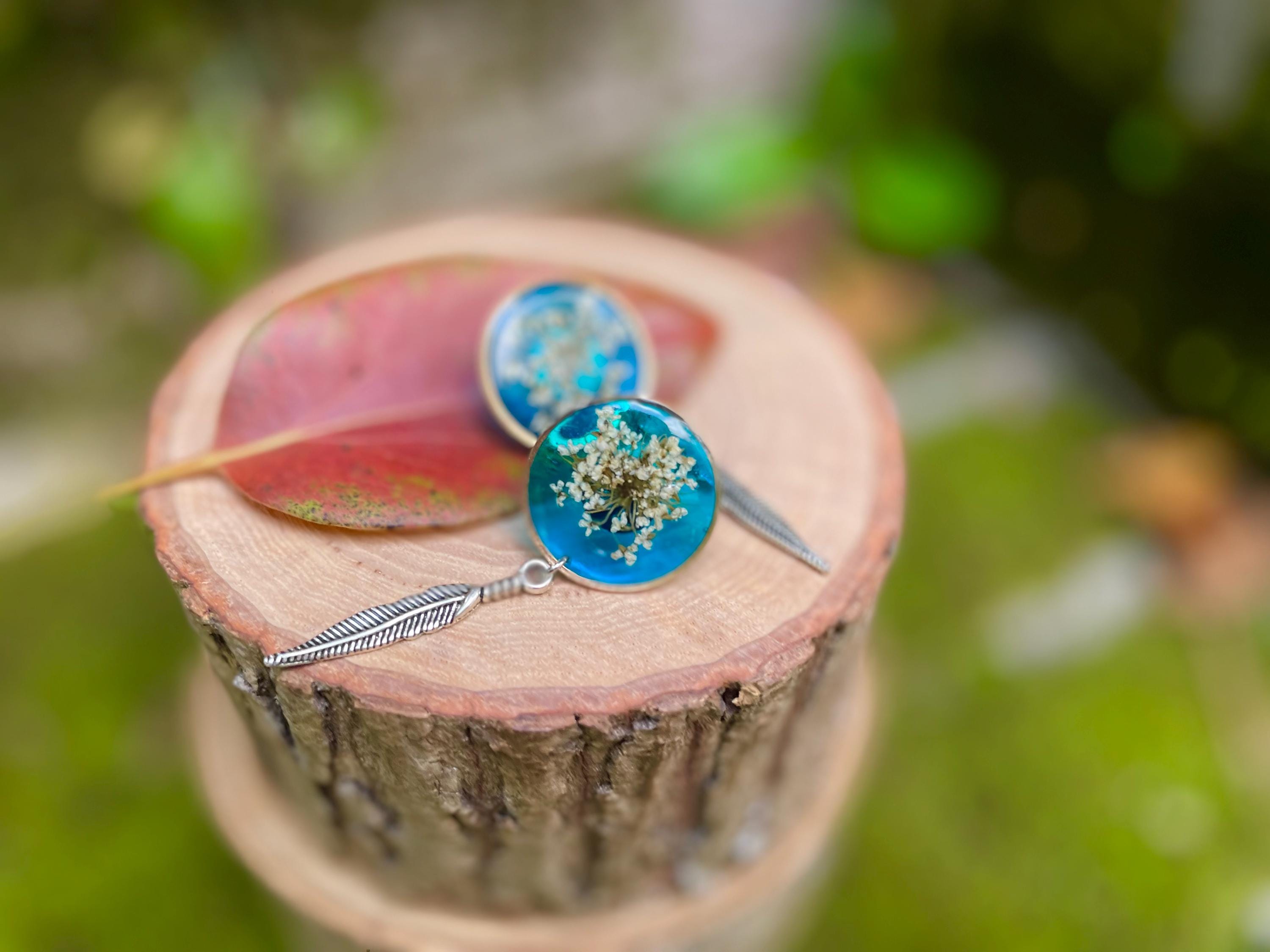 Patina Blue Resin Stud Earrings: Real Pressed Flower and Turquoise Feather jewelry