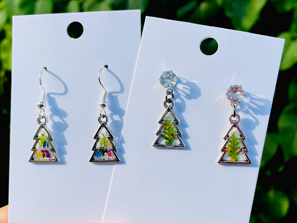 Fern Christmas Tree Earrings Silver: Real Pressed Flower Festive Stud Dangle Earrings Freshwater Pearl