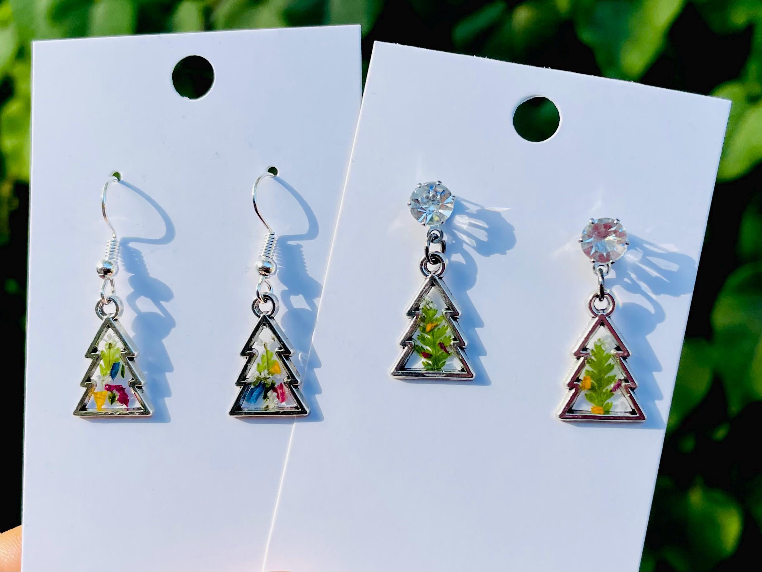 Fern Christmas Tree Earrings Silver: Real Pressed Flower Festive Stud Dangle Earrings Freshwater Pearl