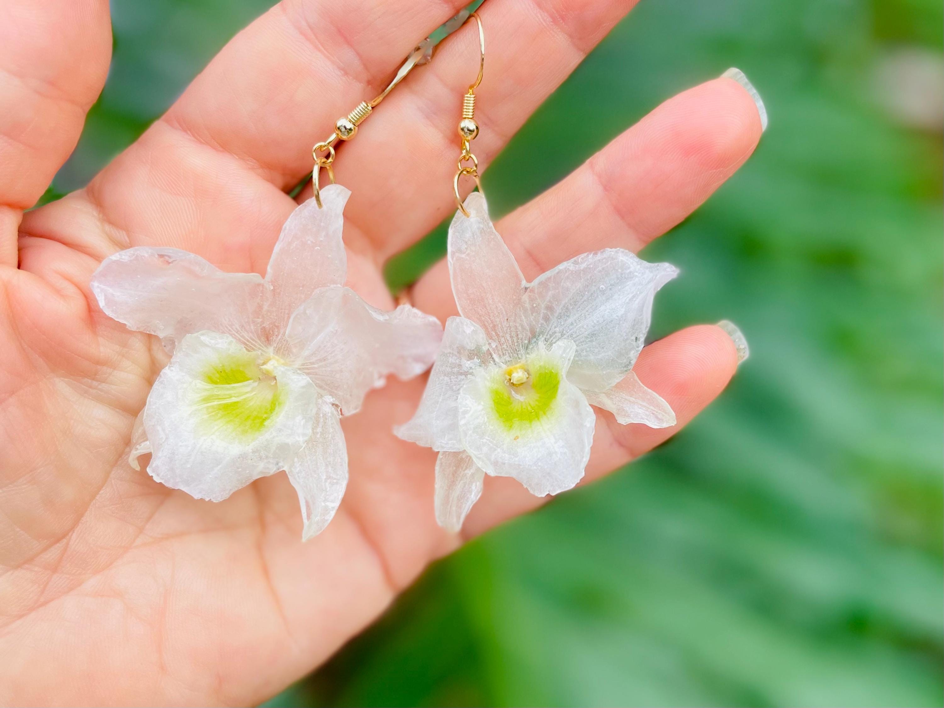 Real Orchid Wedding Earrings for Brides | White and Gold Floral Dangles, Resin Jewelry Gift for her