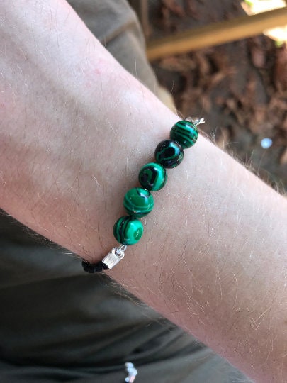 Mens Bracelet, Green malachite 8 mm bead Simple Leather Mens Bracelet, personalized custom gemstone bracelet homme, Anniversary Gift for Him