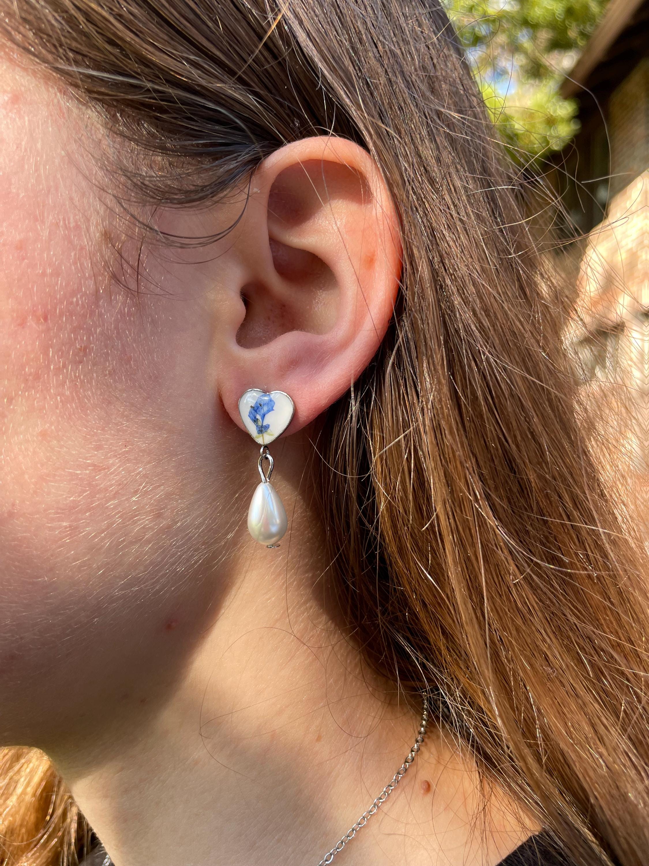 Dainty Heart Pearl Drop Earrings: Blue Wildflower Silver Bridal Jewelry
