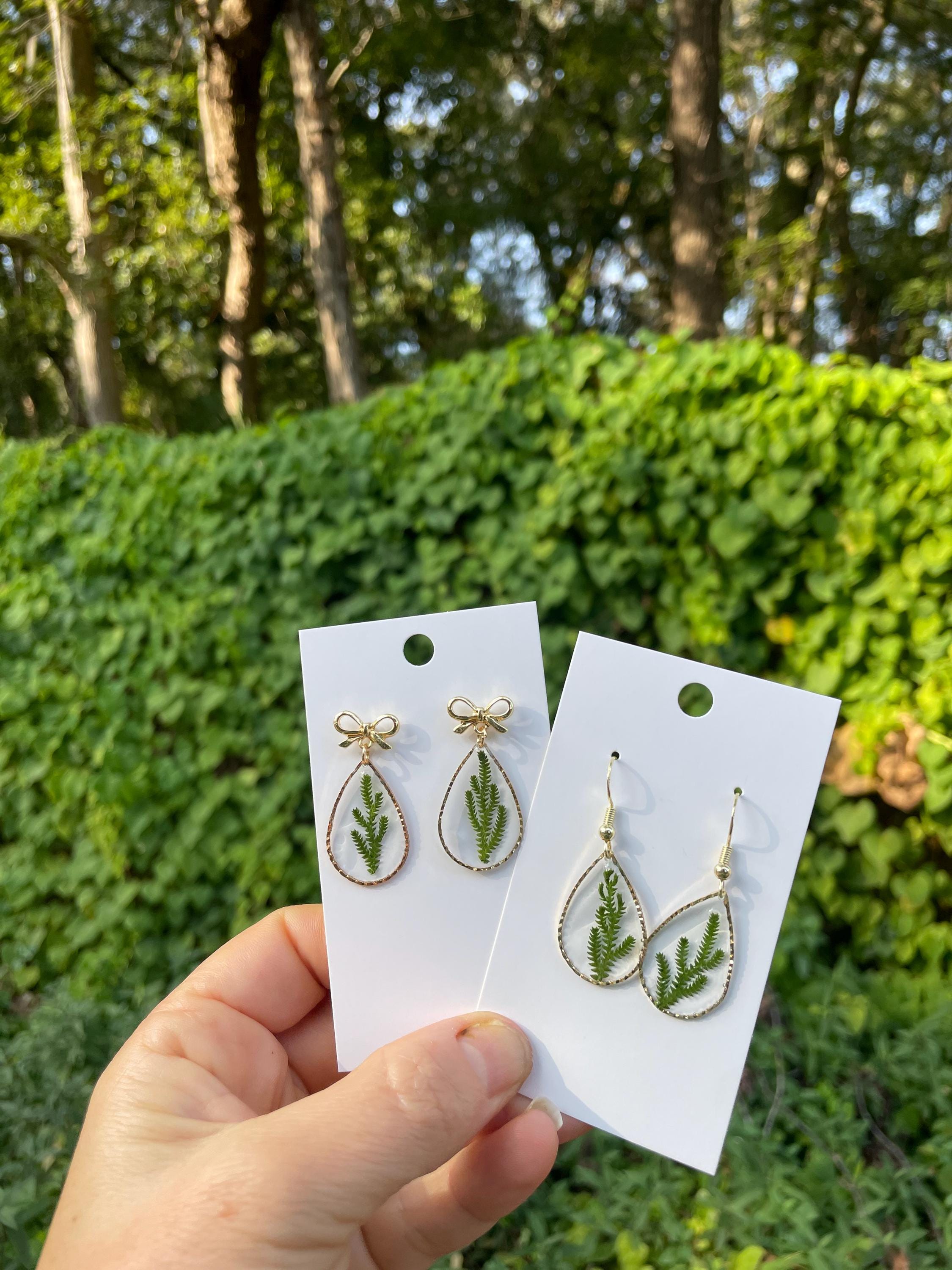 Gold bow Earrings Stud with Christmas Tree Branch, Green Real Plant  Botanical Earrings Dangle
