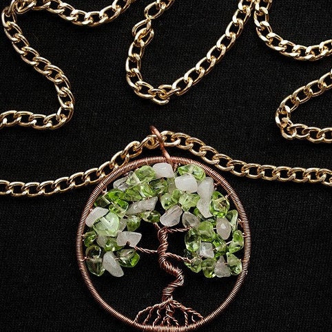 Tree of Life Pendant Necklace: Copper Wire Wrapped Coral Birthstone