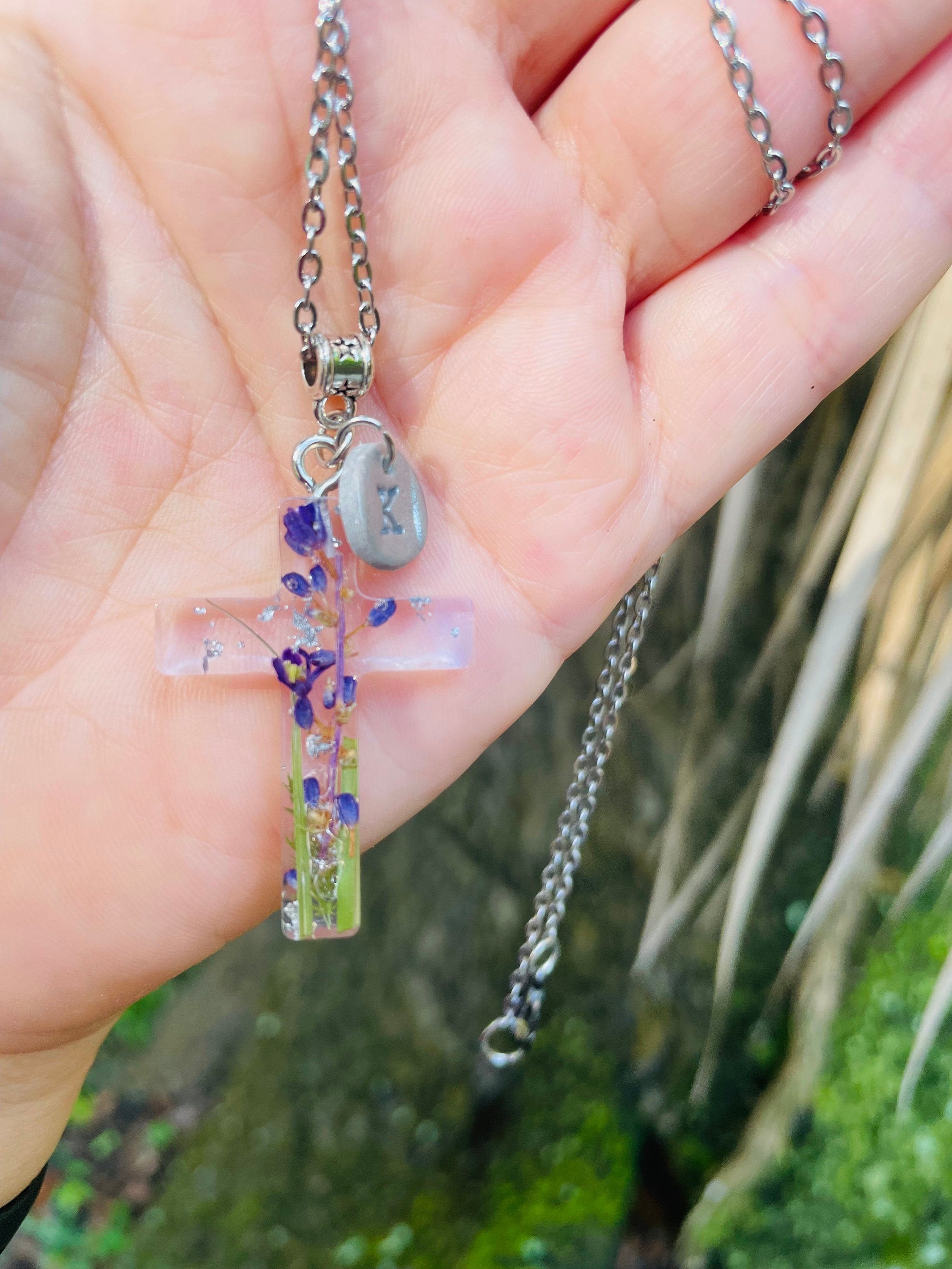 Pressed Flower Cross Necklace: August Birth Flower Gladiolus, Personalized Initial