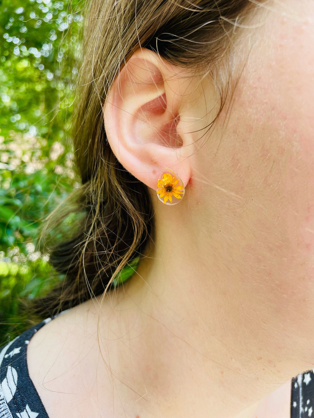 Real Sunflower Drop Stud Earrings Resin August Birth Flower Gift Idea for Flower Girl Bridesmaid Minimalist Sunflower Wedding jewelry set