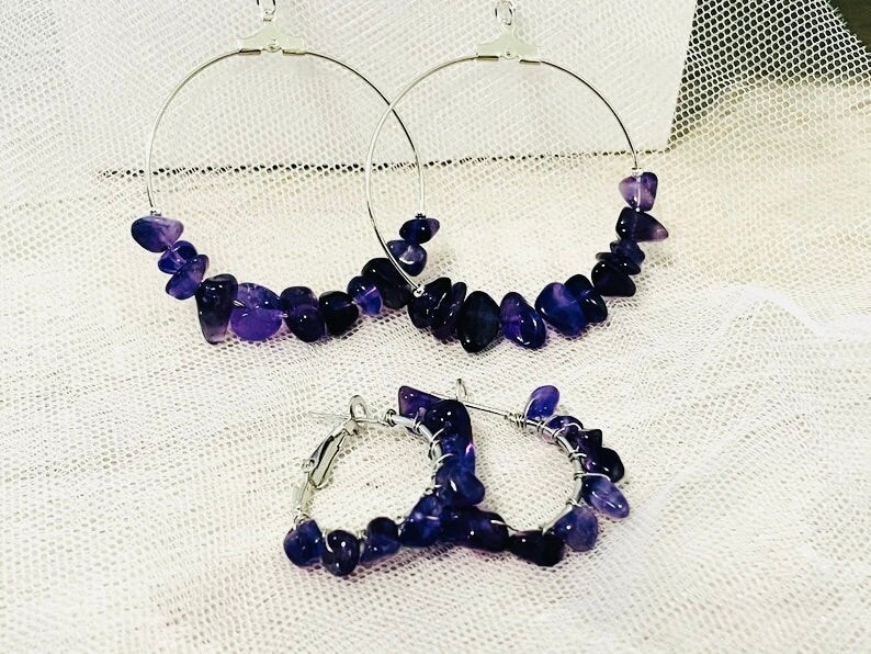 Amethyst earrings, Custom hoop earrings with Amethyst beads, jewelry gift daughter, crystal hoop earrings, February Birthstone earrings wife