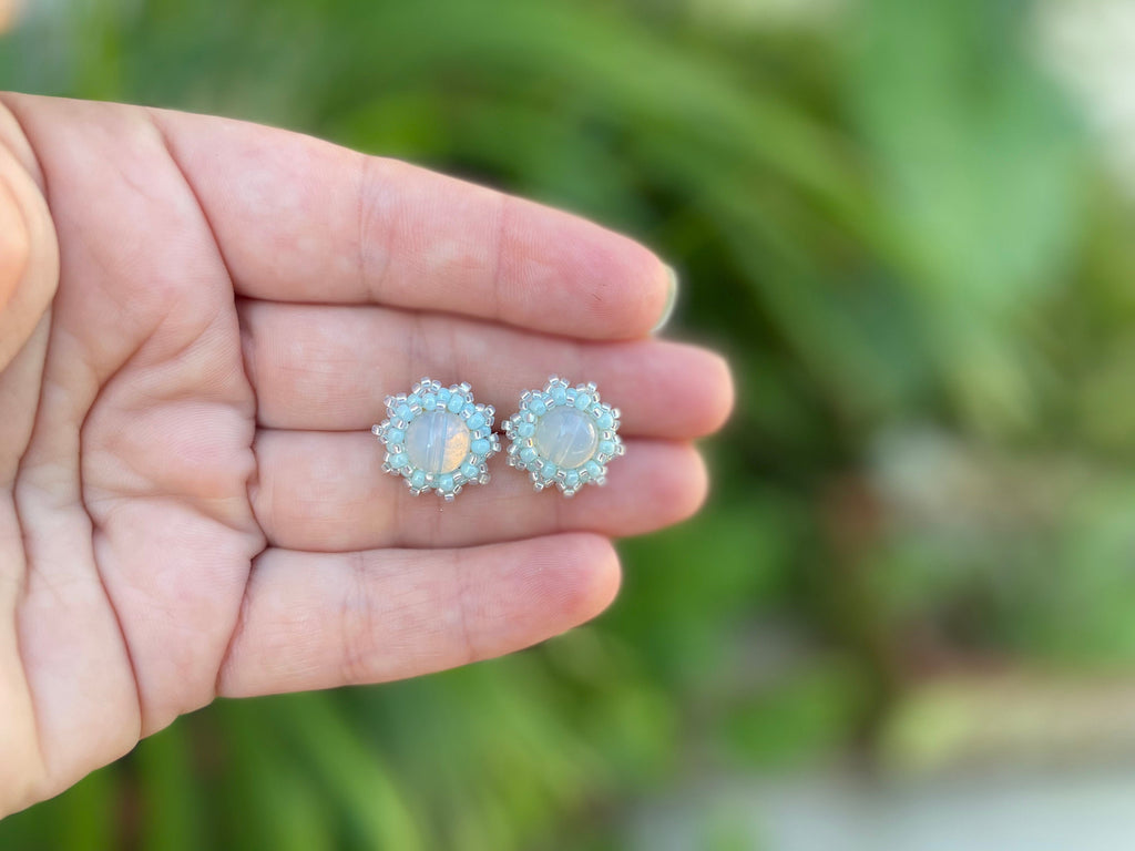 opal stud earrings, moonstone gemstone stud earrings, custom stud earrings, surgical steel stud earrings beaded, minimalist earrings wedding