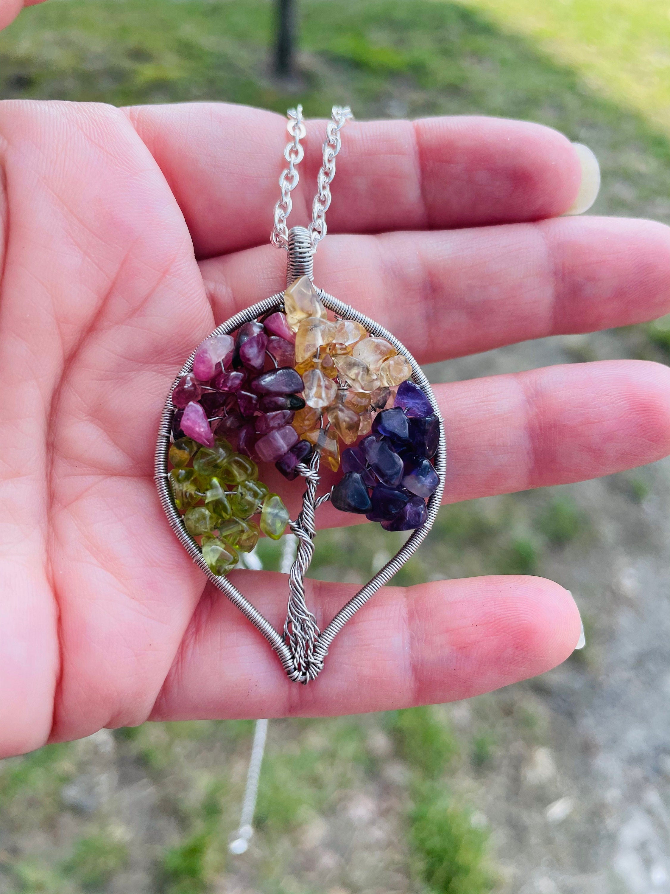 Teardrop Citrine Quartz Peridot Green Amazonite Raw Crystal Tree of Life Pendant Chain Necklace Silver Wire Wrapped