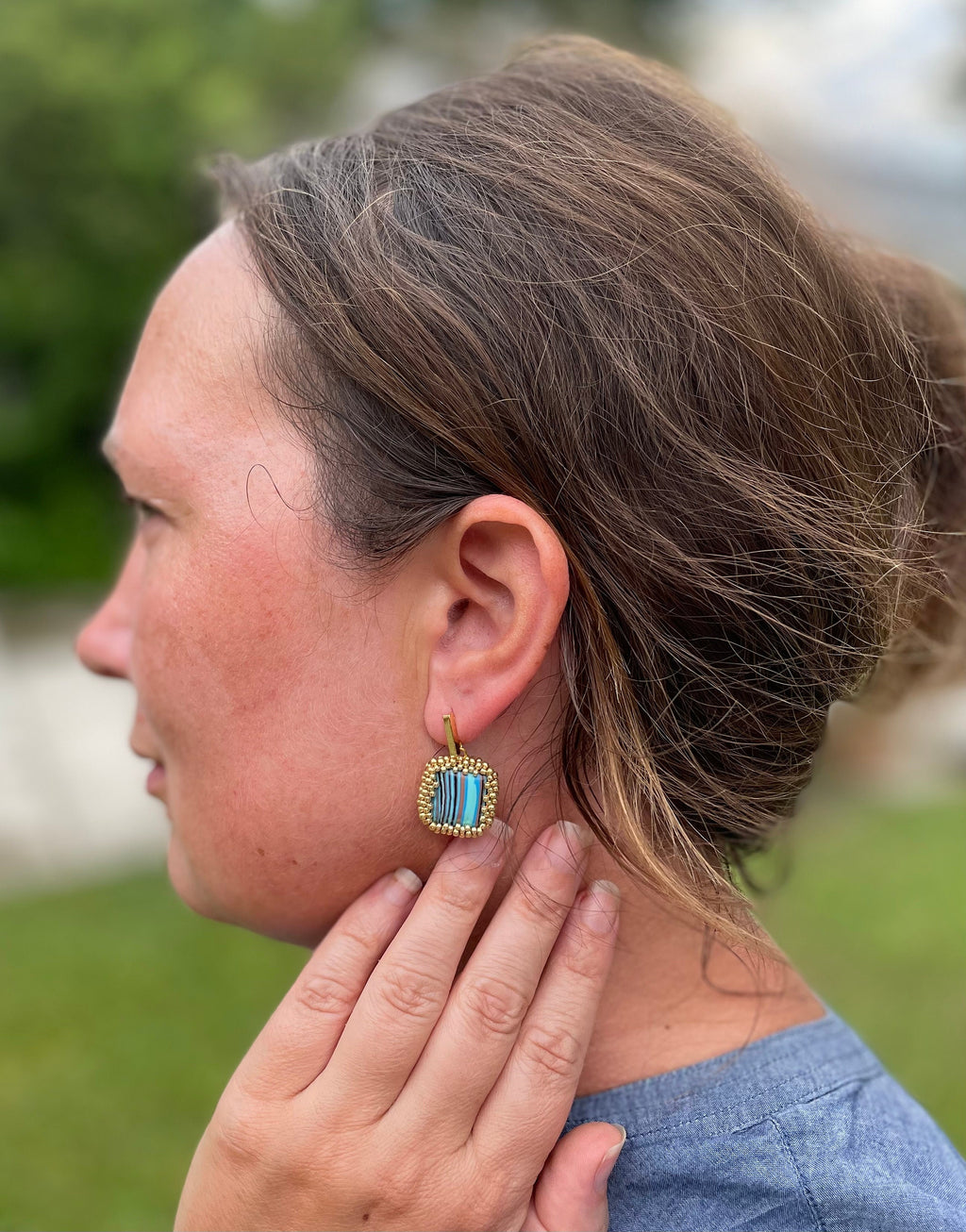 Square dangle beaded earrings with striped turquoise malachite like crystals with gold or silver studs, 1.24 inch long earrings for women