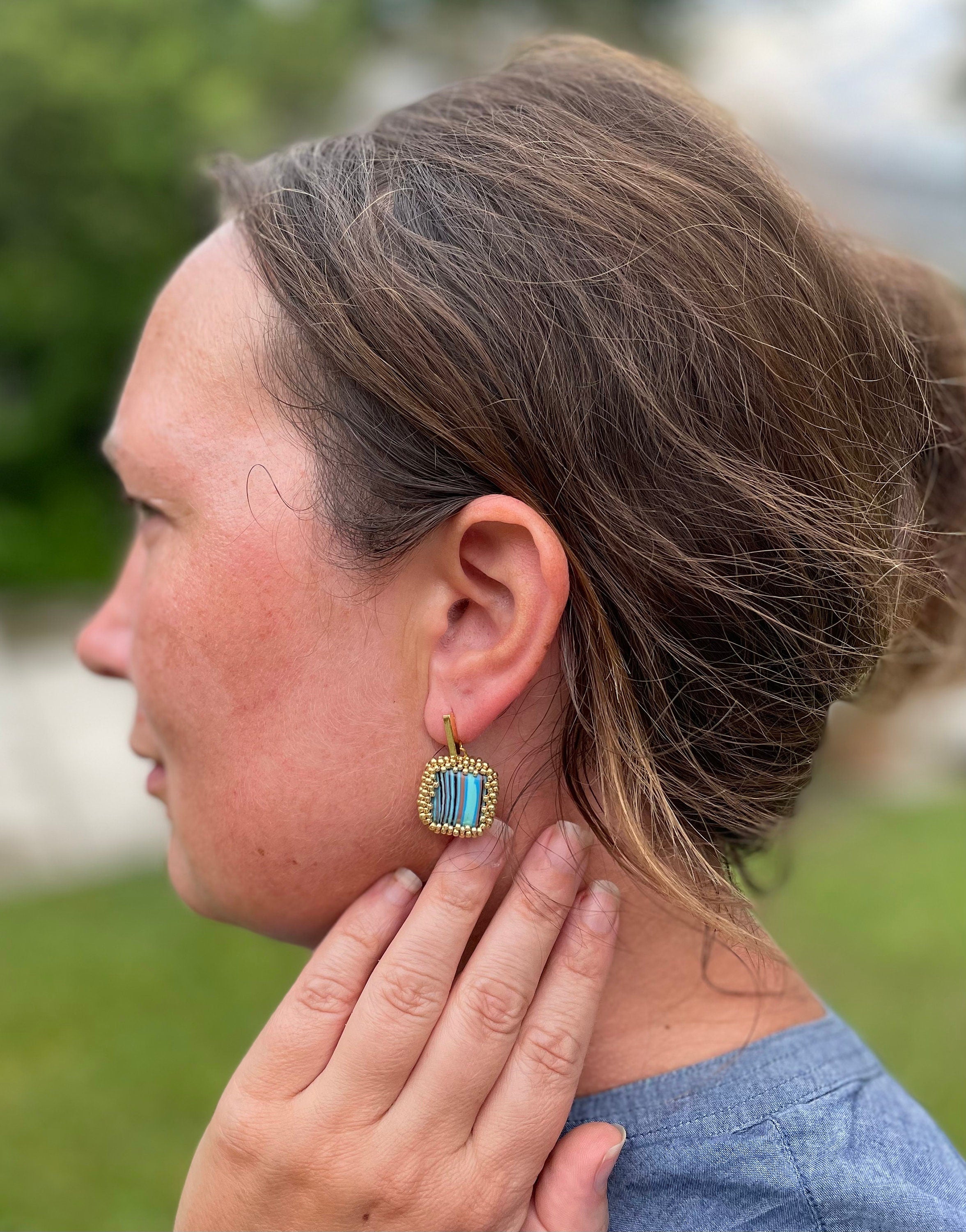 Square dangle beaded earrings with striped turquoise malachite like crystals with gold or silver studs, 1.24 inch long earrings for women