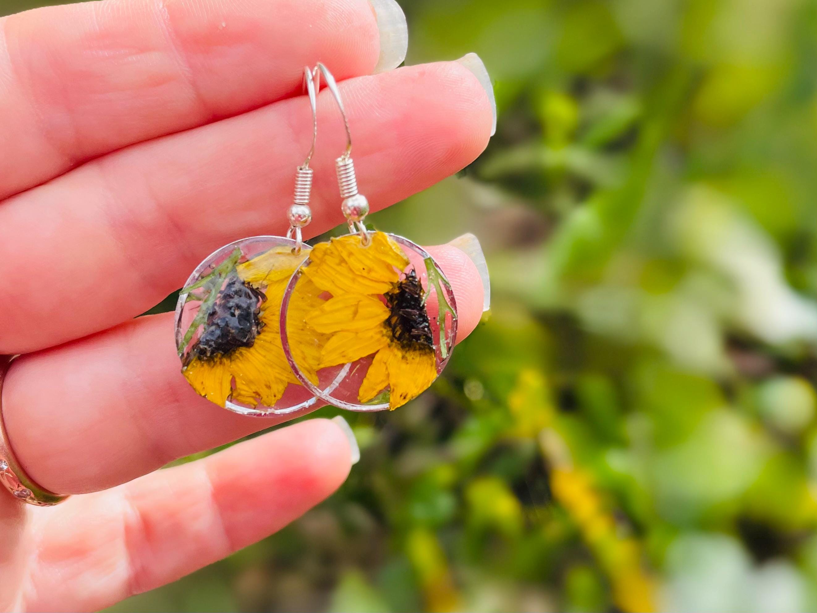 Real Pressed Sunflower Earrings: Sterling Silver Dangle Resin Jewelry