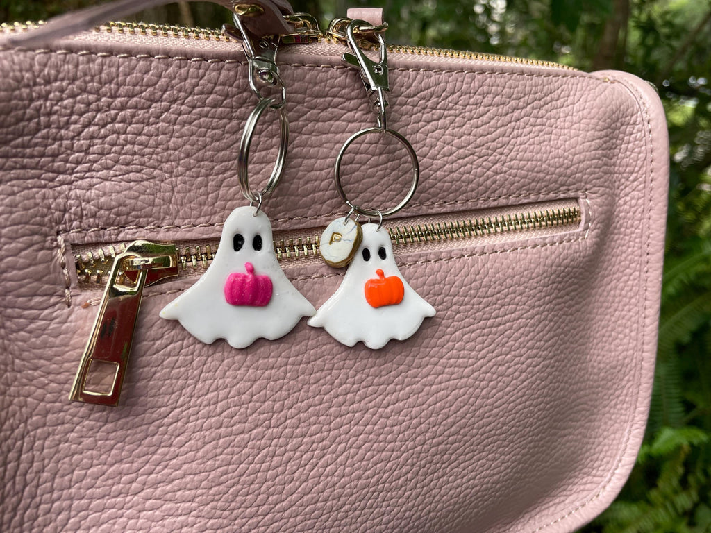 Personalized Ghost Keychain: Clay Pumpkin Charm, Initial Bag Accessory