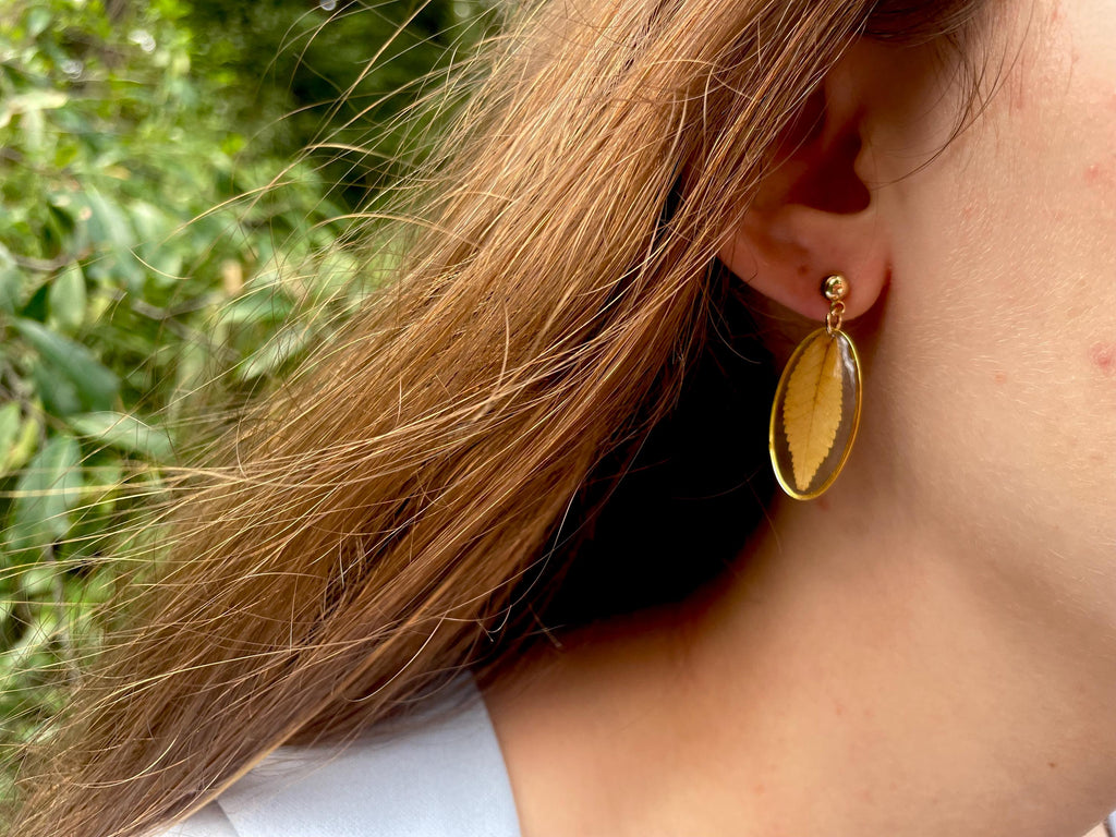 Real Leaf Resin Earrings: Dainty Gold Nature Jewelry