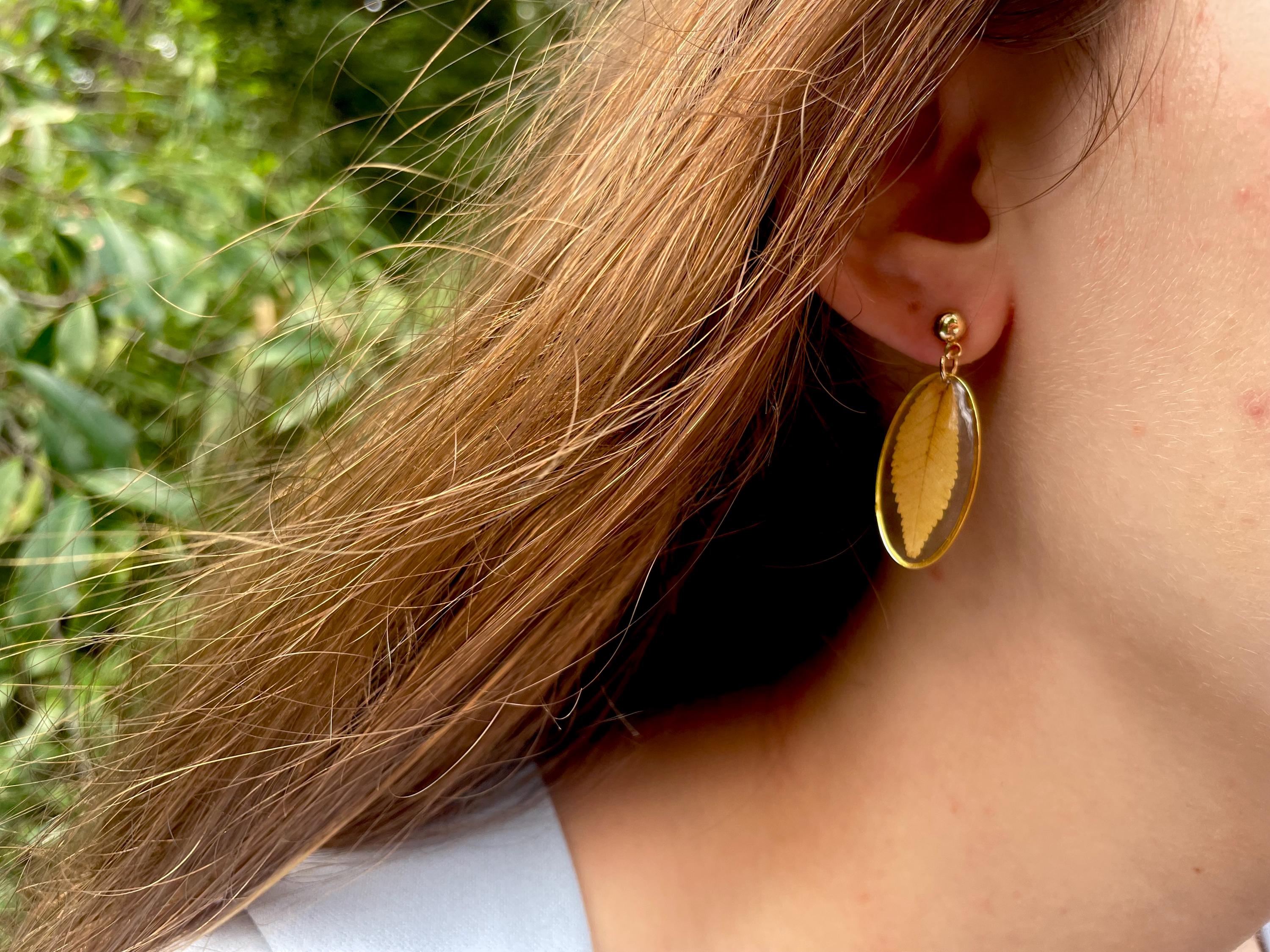 Real Leaf Resin Earrings: Dainty Gold Nature Jewelry