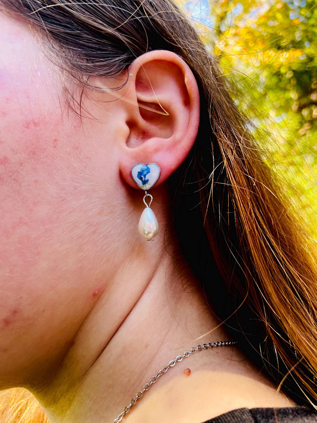 Heart Pearl Drop Earrings: Royal Blue Flower, Silver Porcelain Style Studs