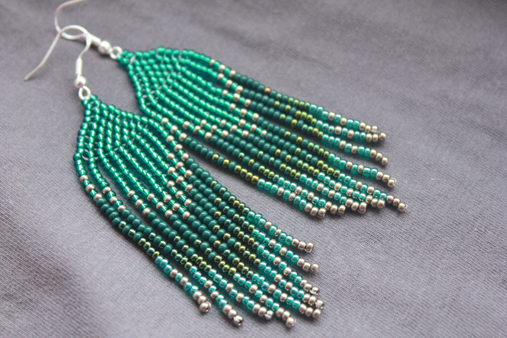 Patina Blue beaded Earrings Long Fringe Ombre Seed bead dangle earrings gift for her mom Chandelier Forest statement earrings