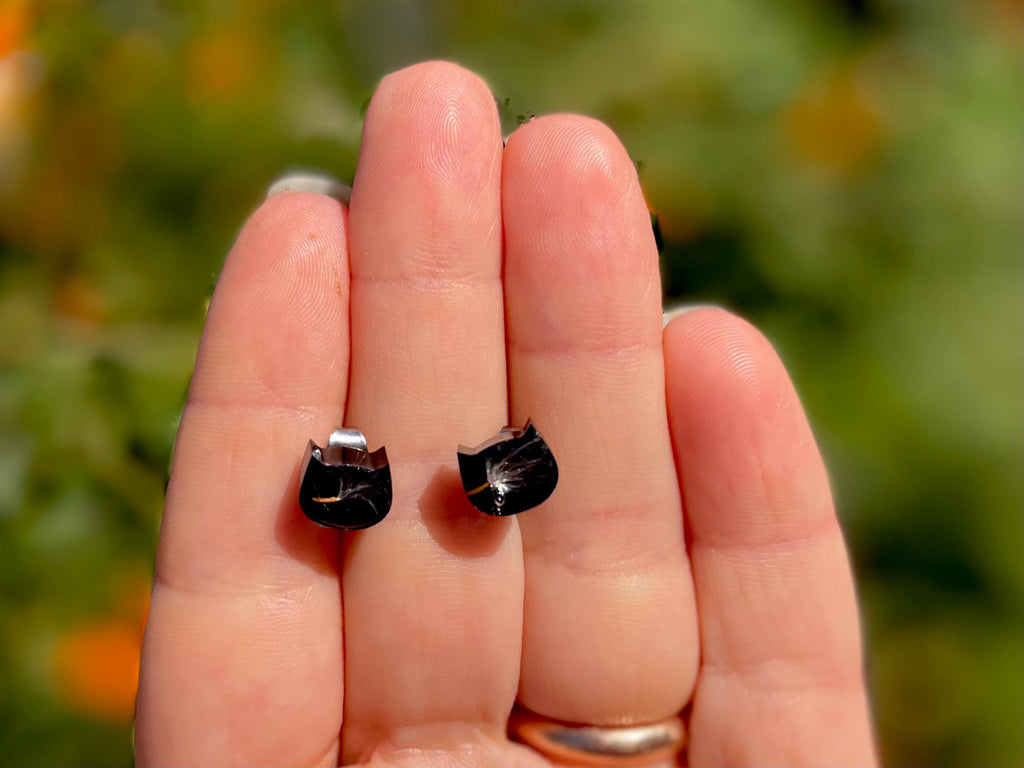 Dandelion Seed Cat Head Stud Earrings: Handmade Resin Jewelry