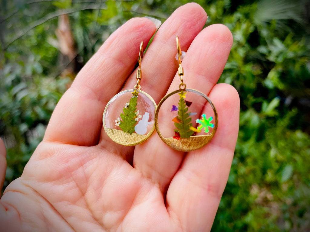 Gold Snow Globe Earrings: Real Fern, Flower Petals, Christmas Tree