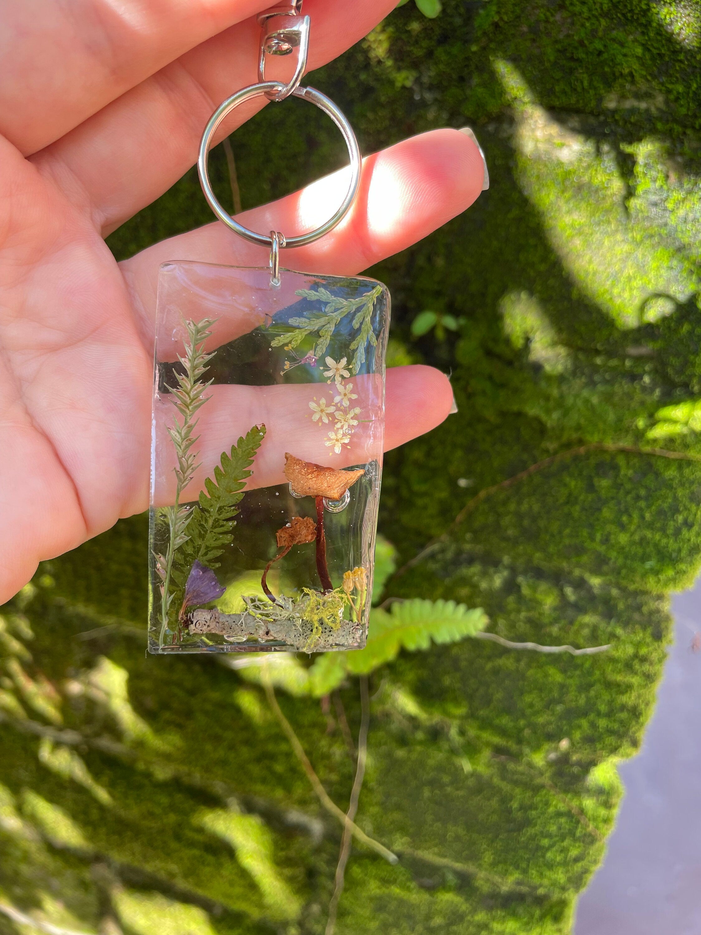 Handcrafted Resin Keychain: Real Mushrooms, Ferns, Flowers - Personalized Botanical Keyring