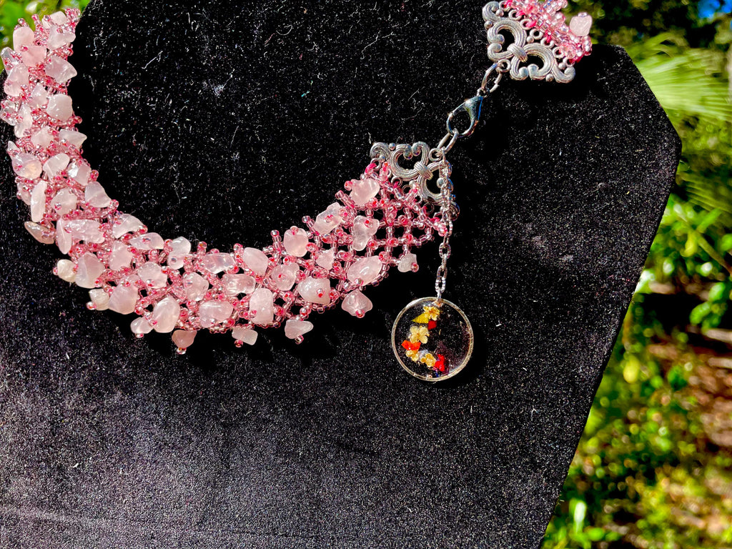 Pressed Flower Initial Charm Necklace: Rose Quartz Crystal Bridal Choker October Birthstone