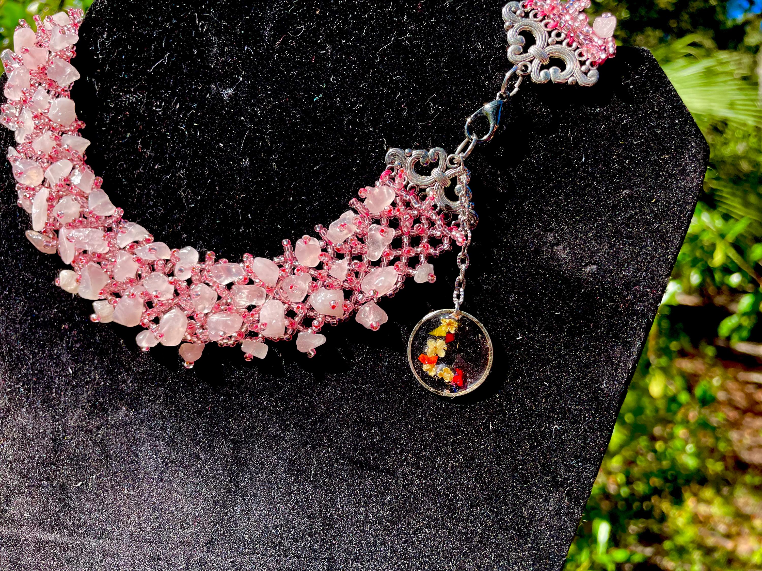 Pressed Flower Initial Charm Necklace: Rose Quartz Crystal Bridal Choker October Birthstone