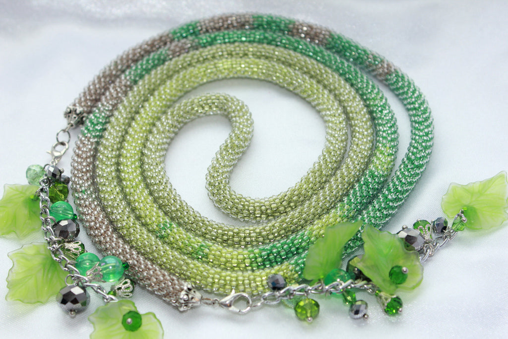 Layered Ombre Green and Silver Lariat Necklace for Women Extra Long: Tassel Seed Bead Crochet Jewelry