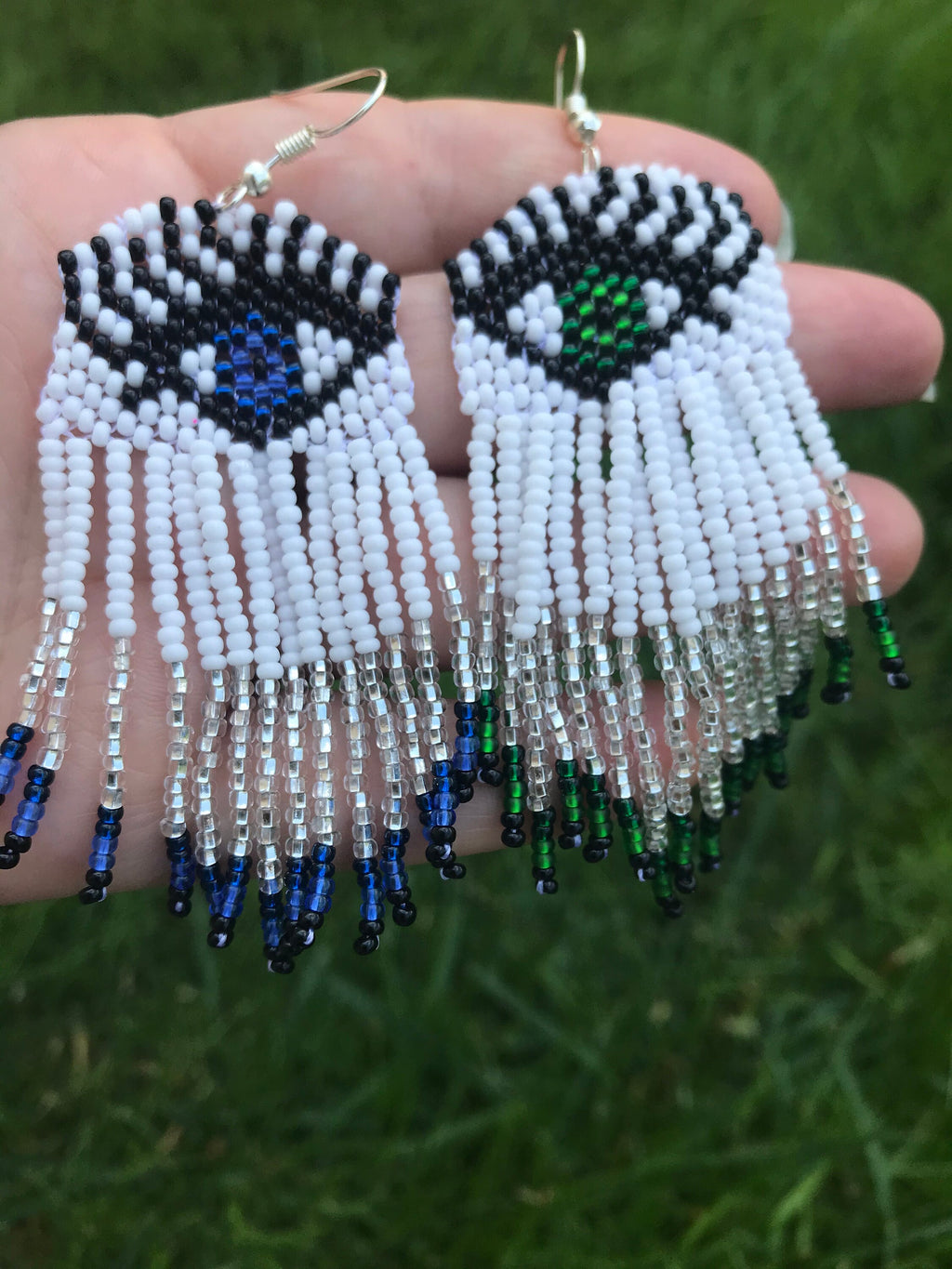 Evil eye earrings, long beaded earrings, Custom eyes color Earrings, white seed bead Earrings fringe, best friend personalized holiday gift