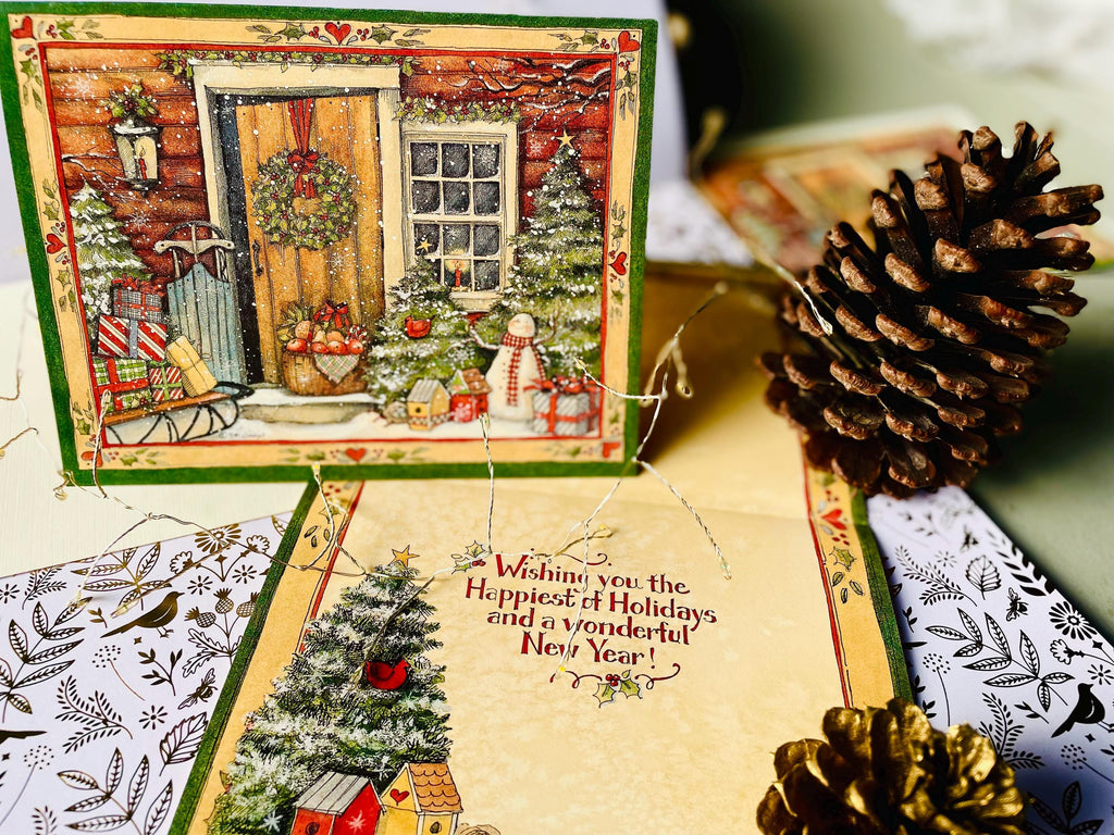 Holiday Door Christmas card boxed Vintage Old Fashion Christmas Card Snowman Sleigh Presents Christmas Wreath Farmhouse Winter Greeting Card