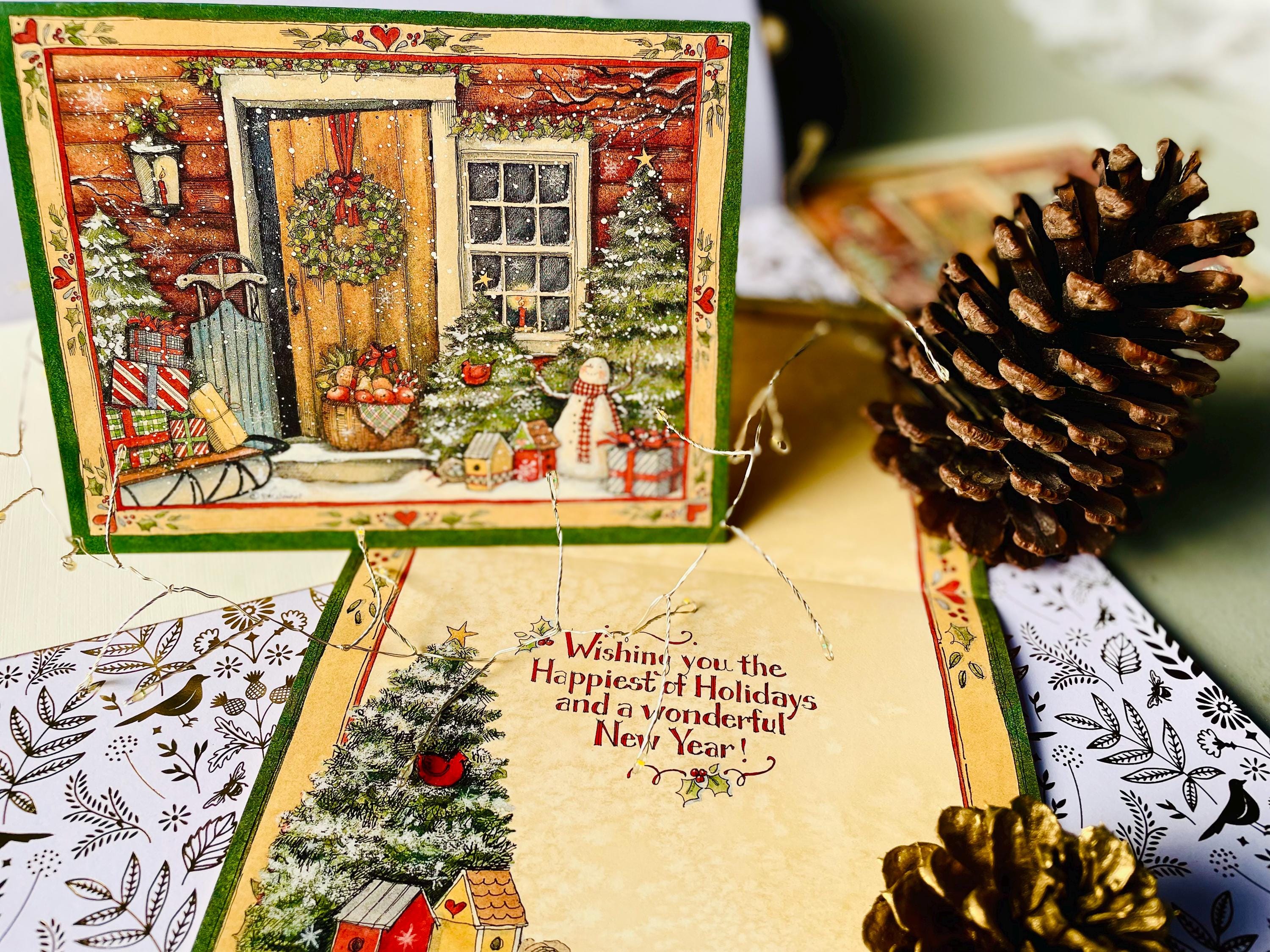 Holiday Door Christmas card boxed Vintage Old Fashion Christmas Card Snowman Sleigh Presents Christmas Wreath Farmhouse Winter Greeting Card