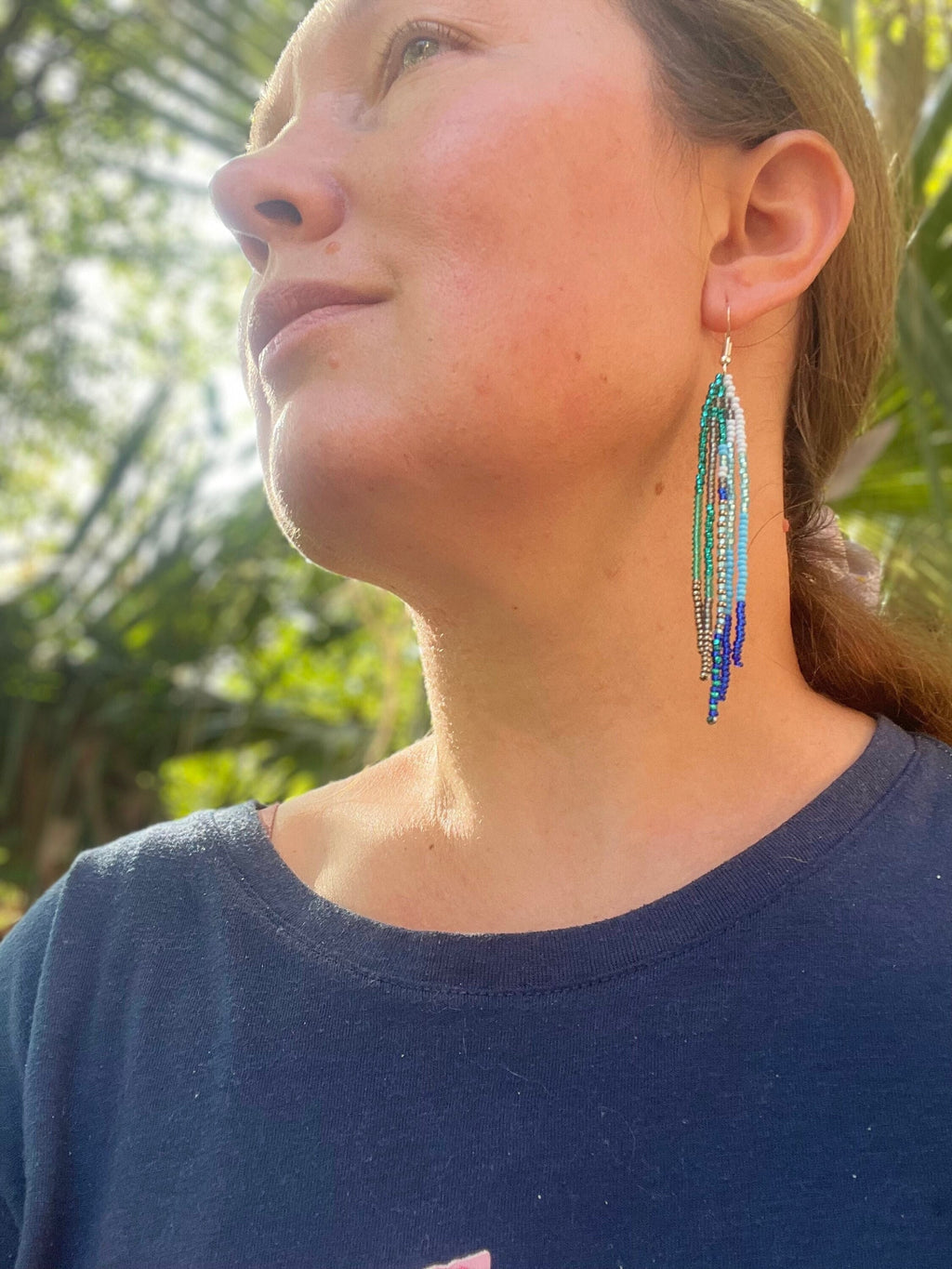 Patina blue Turquoise beaded earrings Long Emerald green Fringe earrings Ombre Chandelier Seed bead earrings Boho beadwork Dangle handmade