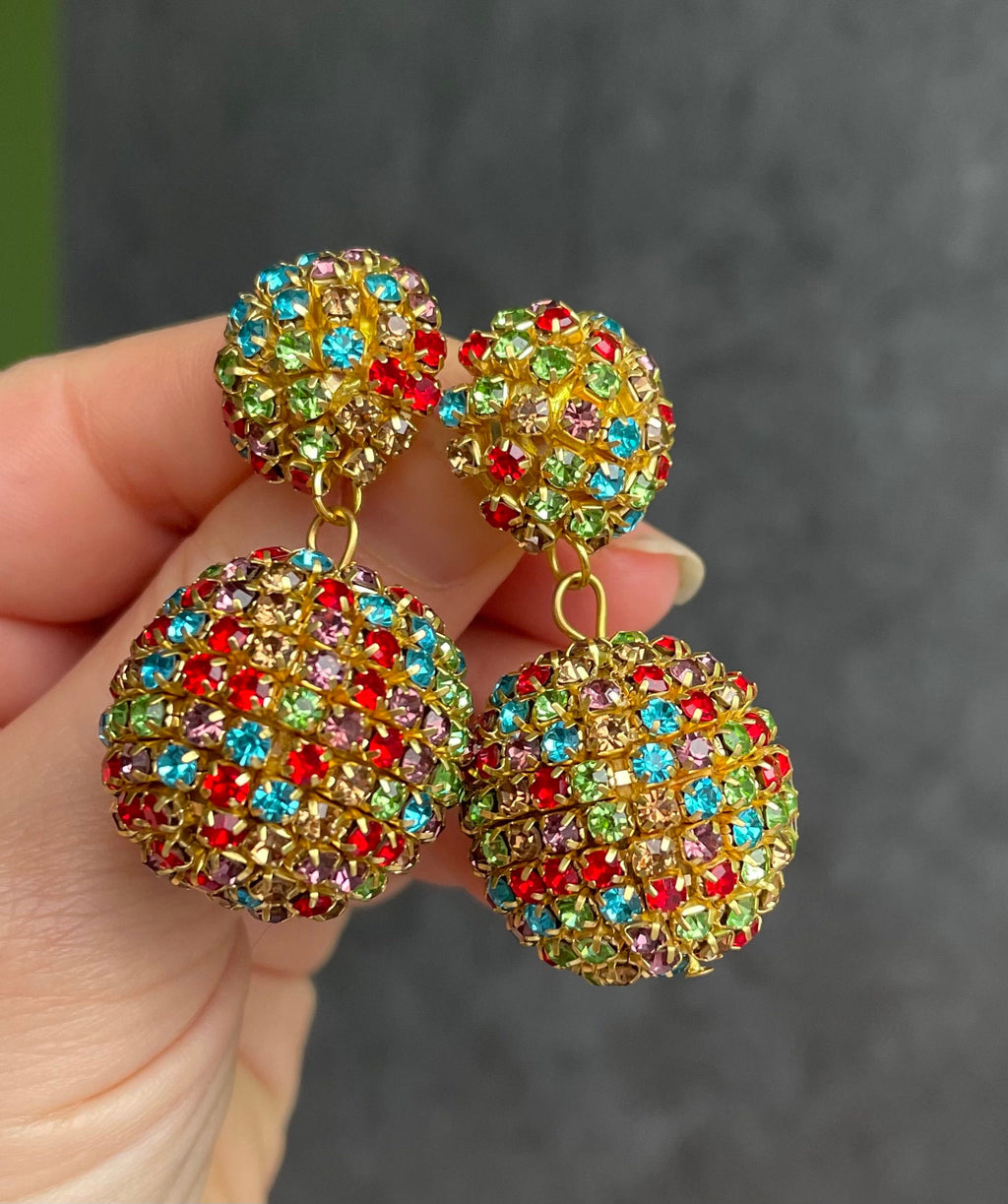 Rhinestone Disco Ball Drop Earrings: Gold Plated Clip On or Stud