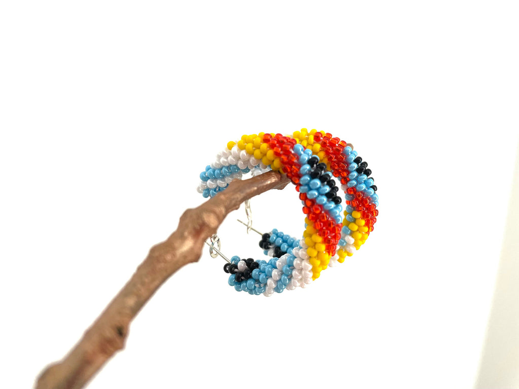 Beaded hoop earrings for her Turquoise emerald green brown hoop earrings 1.2inch native Americans seed bead earrings Beadwork jewelry Ethnic