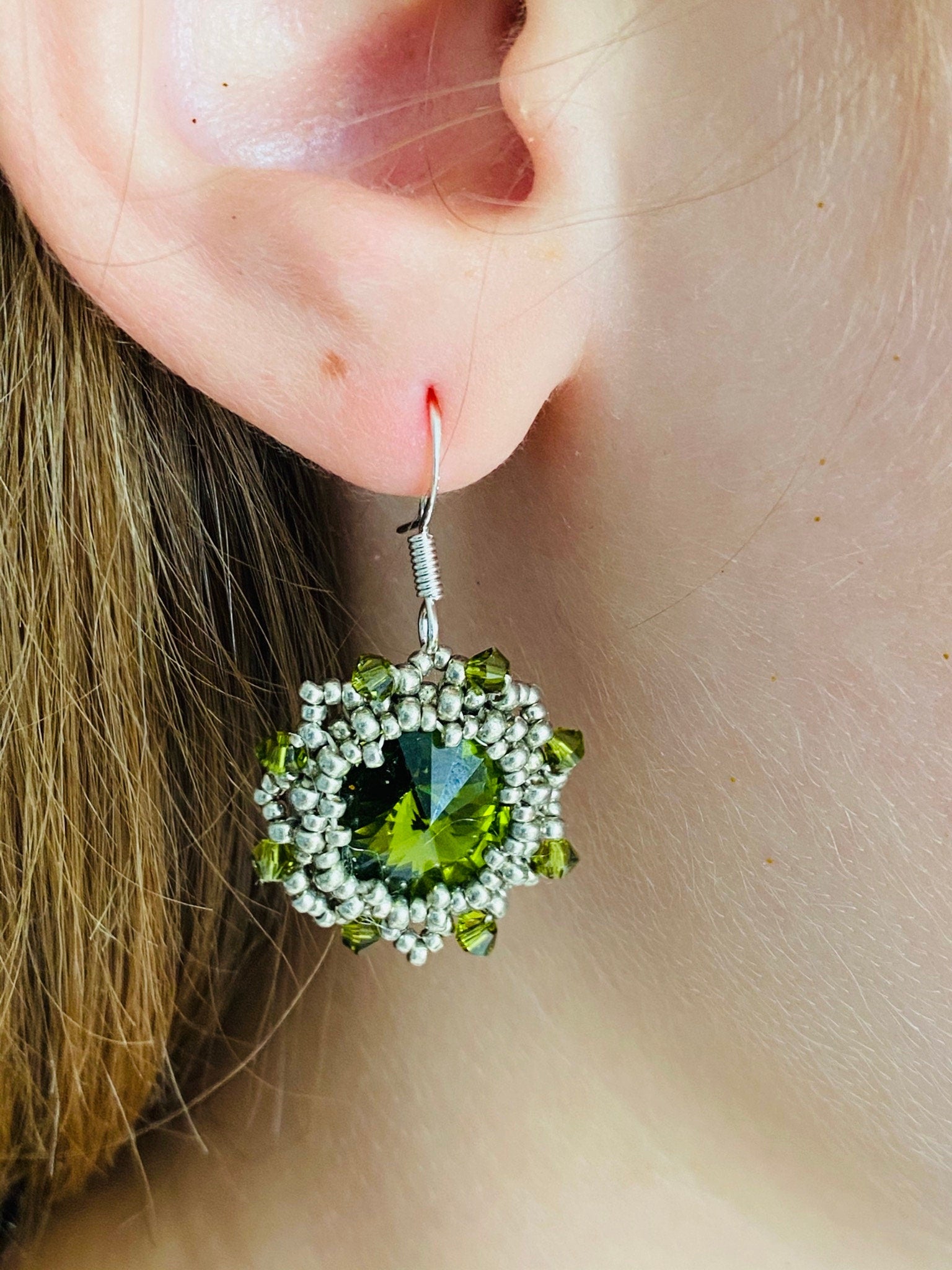 Chartreuse olive green Swarovski crystal sterling silver dangle earrings, handmade unique holiday jewelry gift boho green statement earrings
