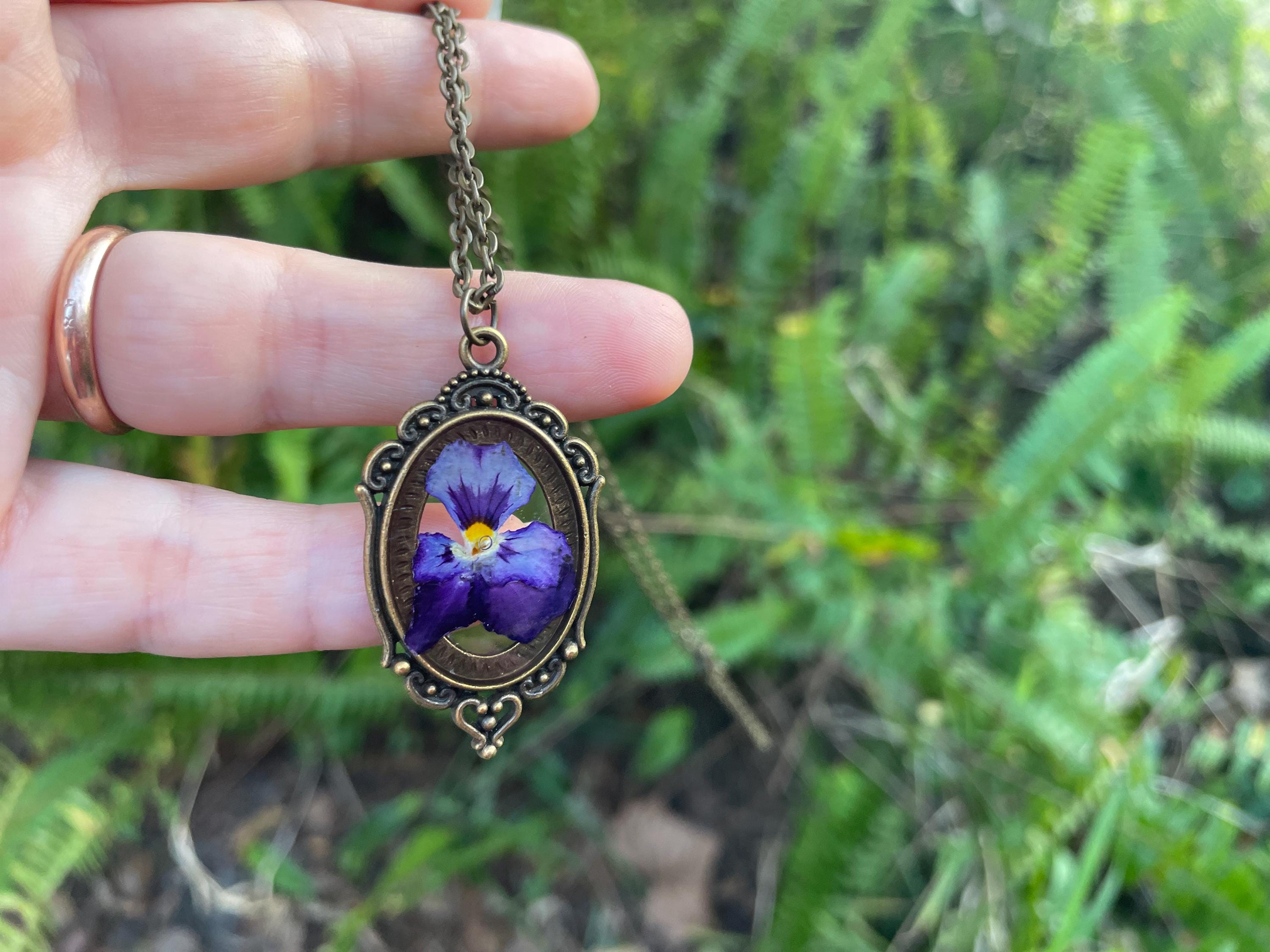 Personalized Birth Flower Necklace: Real Pressed Violet, Gothic Jewelry