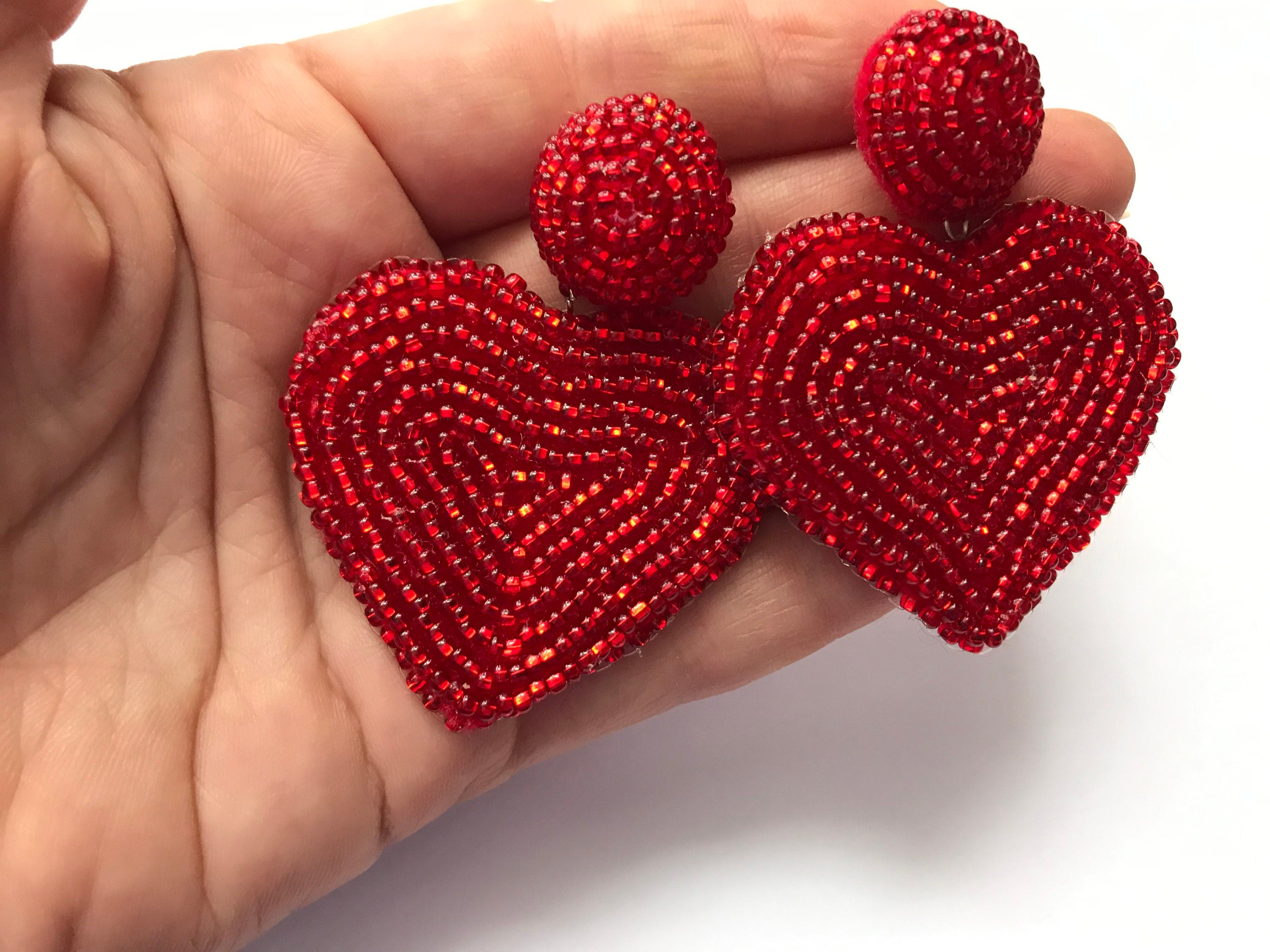 Valentine Earrings. Heart earrings Women's Drop clip-on Earrings handmade beaded earrings Floral drop sequins earrings blue heart earrings