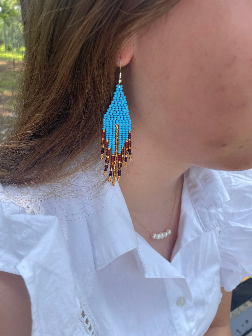 Turquoise and rust earrings handmade, blue boho earrings Fringe beadwork earrings unique holiday gift for her Seed bead dangle earring Long