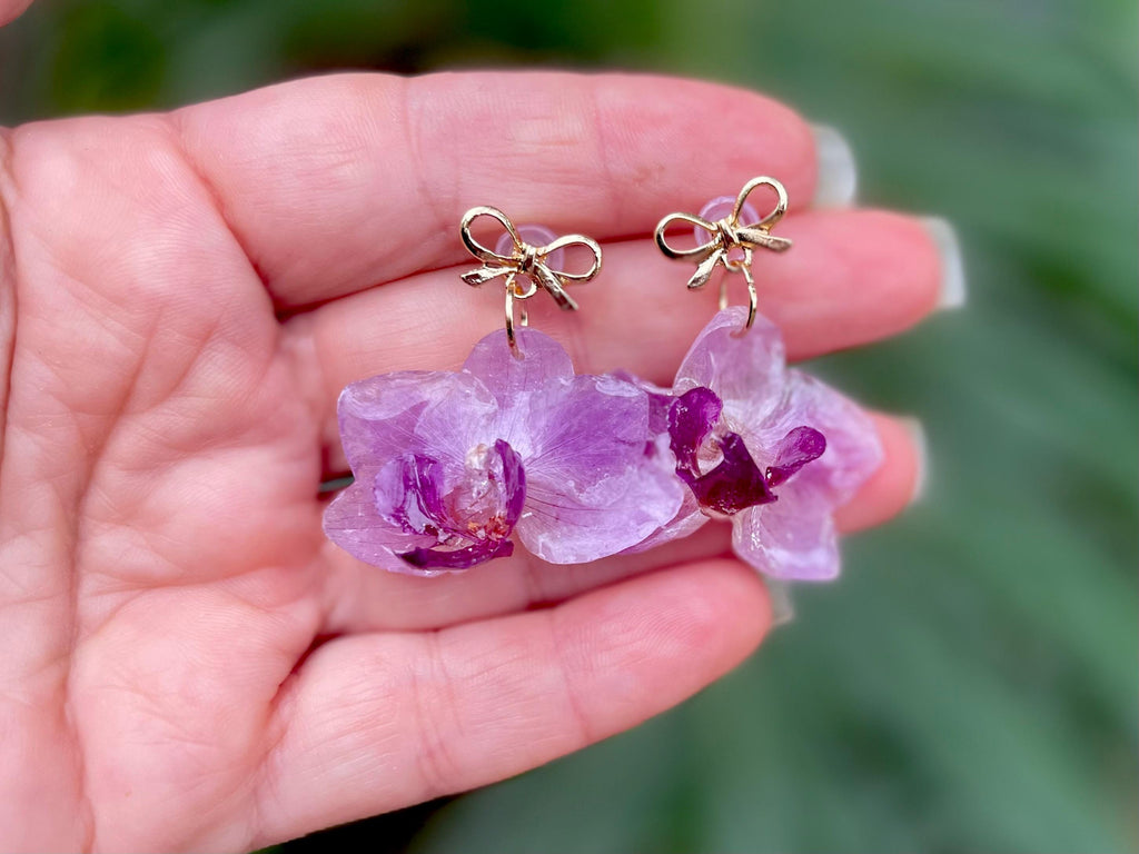 Real Orchid Earrings: Gold Hoop Earrings Resin, Unique White Wedding Bridal Jewelry